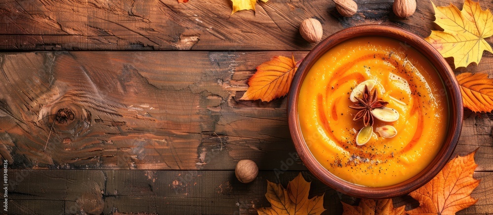 View from the top of a fall themed vegetarian pumpkin cream soup perfect for the season with ample copy space in the image