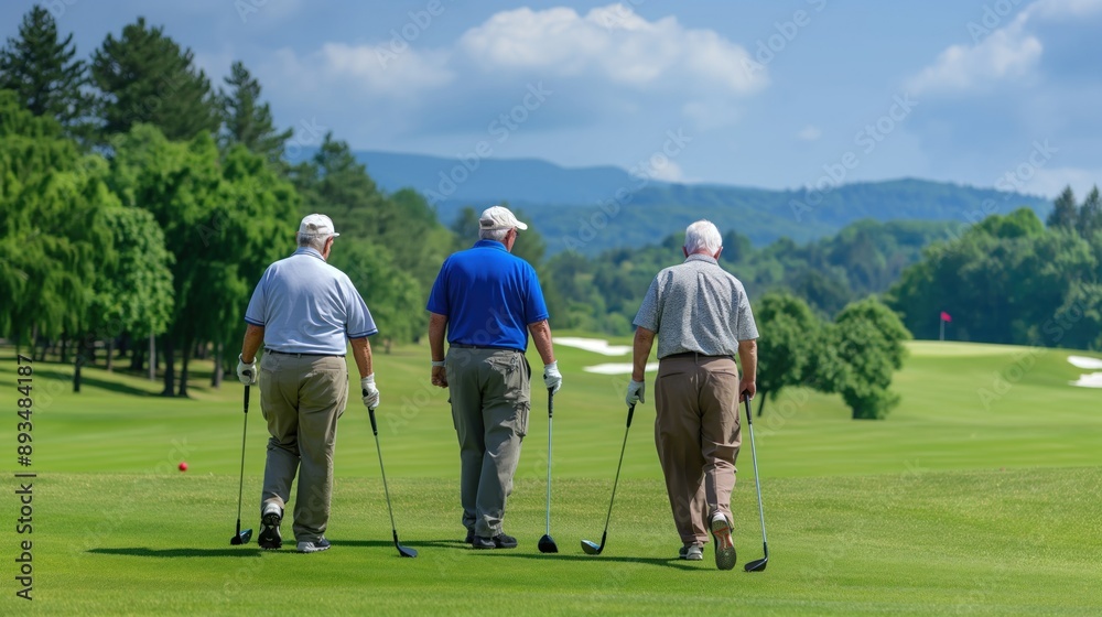 Seniors playing golf, enjoying the leisurely activities that financial security in retirement can provide Seniors playing golf, enjoying the leisurely activities that financial security in retirement can provide