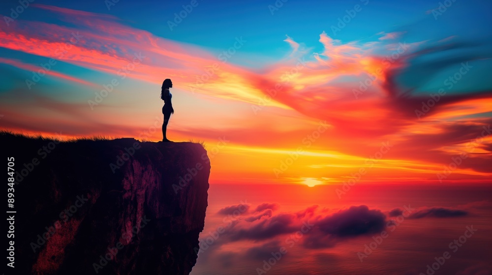 A woman stands on the edge of a cliff, silhouetted against a vibrant sunset A woman stands on the edge of a cliff, silhouetted against a vibrant sunset