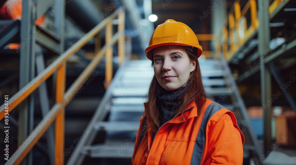A woman in a hard hat and safety gear stands in a factory, looking directly at the camera A woman in a hard hat and safety gear stands in a factory, looking directly at the camera