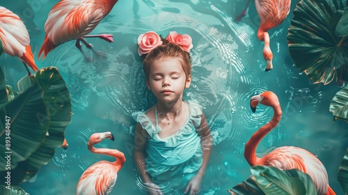 Little girl and flamingo. Selective focus