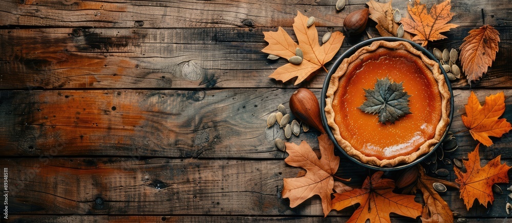 Autumn themed composition featuring homemade pumpkin pie pumpkin seeds and autumn leaves on a wooden surface with copy space image Autumn themed composition featuring homemade pumpkin pie pumpkin seeds and autumn leaves on a wooden surface with copy space image