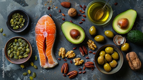 Photo of a selection of healthy unsaturated fats, Omega 3 - fish, avocados, olives, nuts and seeds.