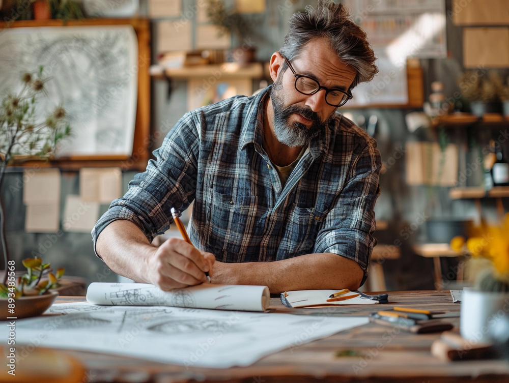 Mature Man Drawing in a Creative Workspace Mature Man Drawing in a Creative Workspace