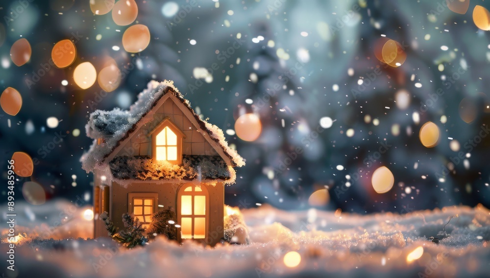 Fototapeta premium Imagine a charming winter cottage nestled in serene snow, creating a festive Christmas atmosphere with its warmth and charm. The cozy ambiance is enchanting, perfect for the holiday season