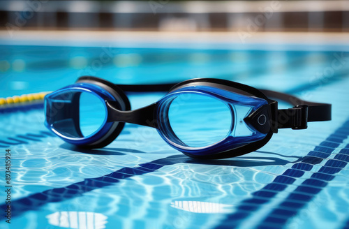 Close-up of swimming goggles with water droplets on pool 