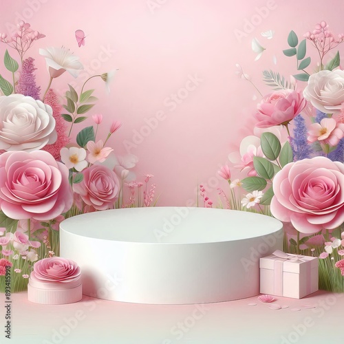 Podium background flower rose product pink 3d spring table beauty stand display nature white. Garden rose floral summer background podium cosmetic valentine easter field scene gift purple day romantic