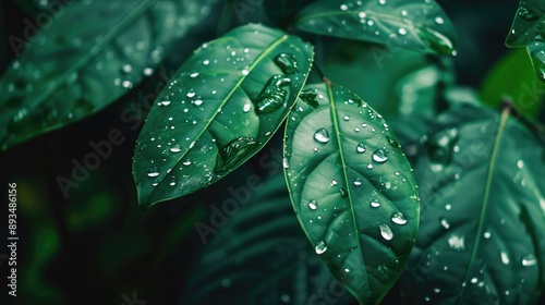 Zoomed-in shot of water drops on a vibrant green leaf