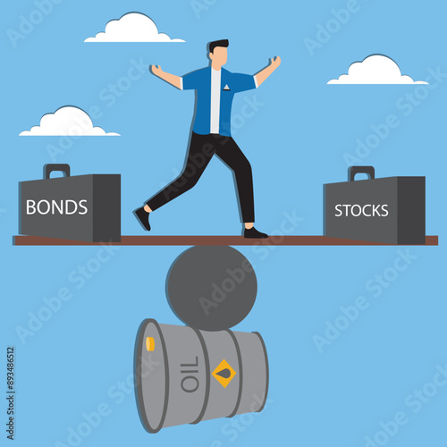 Crude oil stock and bonds in balance, amount of oil demand that corresponds to market supply, balance of global oil supply and demand, businessman standing on oil barrel balancing stock and bond balls