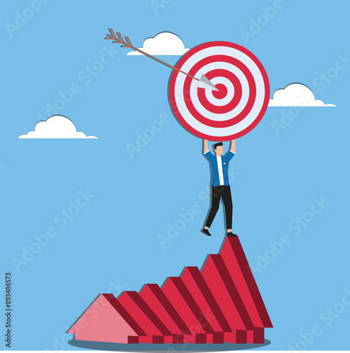 Growth to achieve goals or career success, business growth on target concept, success step to reach goal, businessman standing on top of business growth chart while carrying dart boards