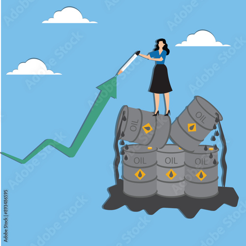 Oil price rising up with businesswoman standing on a pile of oil barrels drawing rising graph, crude oil commodity price growth after crisis, high demand or many industries that use gasoline