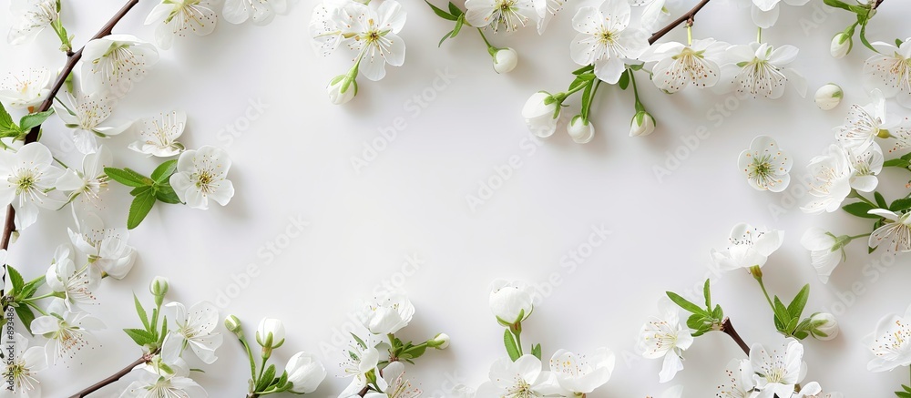 Top view of apricot blossoms creating a spring frame on a white background with copy space image embodying the essence of the spring season Top view of apricot blossoms creating a spring frame on a white background with copy space image embodying the essence of the spring season