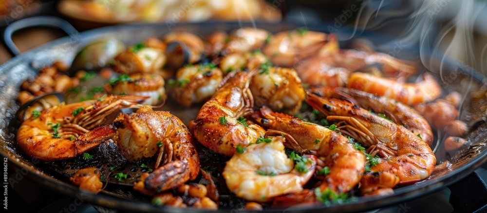 Cook a medley of seafood and chicken feet on a sizzling pan with a pleasing background of copy space image Cook a medley of seafood and chicken feet on a sizzling pan with a pleasing background of copy space image