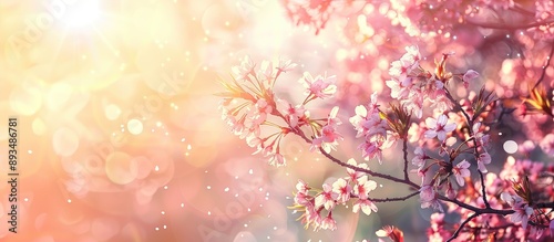 A stunning nature scene of a blooming cherry blossom tree in spring with sunlight flare depicted in a retro style against an abstract blurred background with ample copy space image