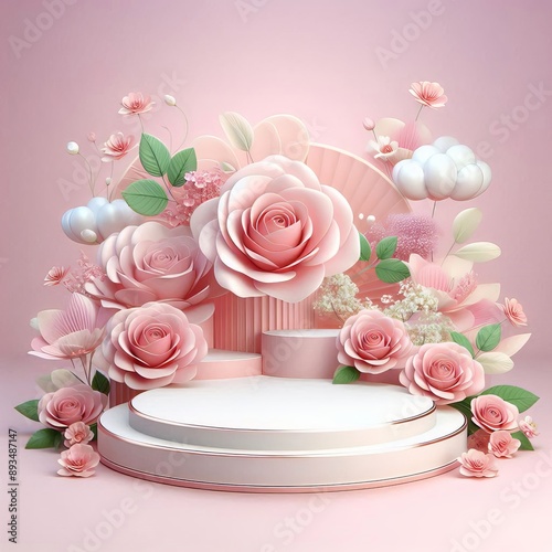 Podium background flower rose product pink 3d spring table beauty stand display nature white. Garden rose floral summer background podium cosmetic valentine easter field scene gift purple day romantic