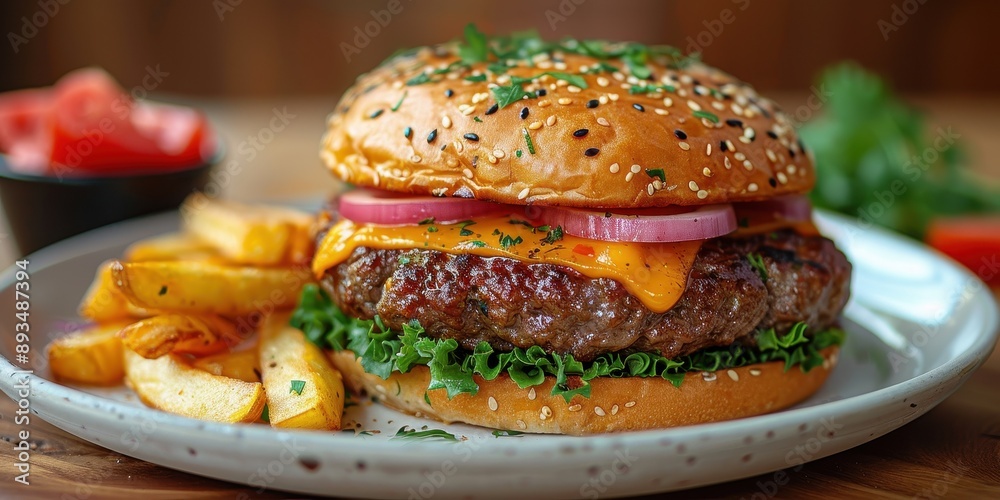 Cheeseburger with Fries on Plate Cheeseburger with Fries on Plate