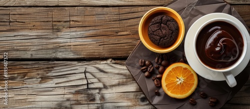 Coffee in a white cup and an orange chocolate cookie with chocolate sauce in a bowl displayed on a geometric wooden table with space for text or images. copy space available