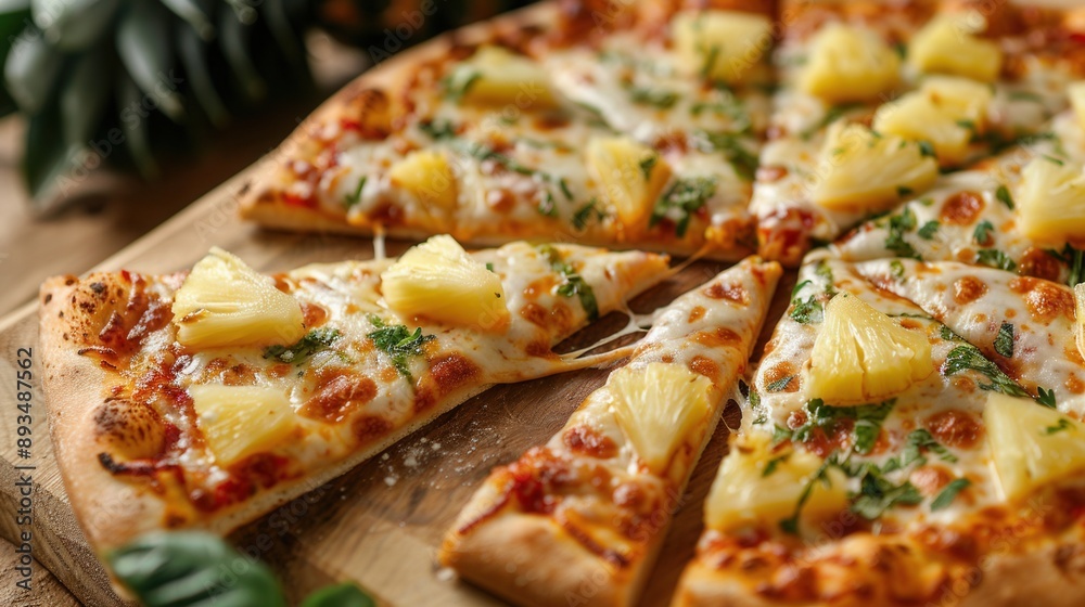 Closeup macro view of fresh pineapple pizza closeup view Closeup macro view of fresh pineapple pizza closeup view