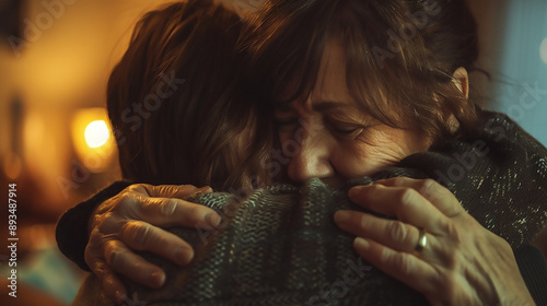 Two estranged family members embracing tightly, tears of relief and forgiveness on their faces. The background shows a cozy home environment, adding warmth to the moment. photo