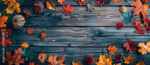 Flat lay view of a fall themed backdrop with an assortment of vibrant autumn leaves on weathered wooden planks ideal for adding text in the copy space image