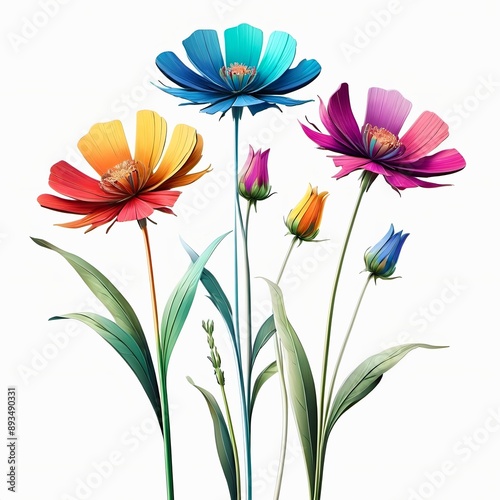 Photorealistic bouquet of three colourful wild flowers on long tall stems on a white background