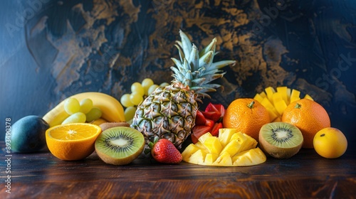 Fresh pineapple with summer seasonal fruit on table