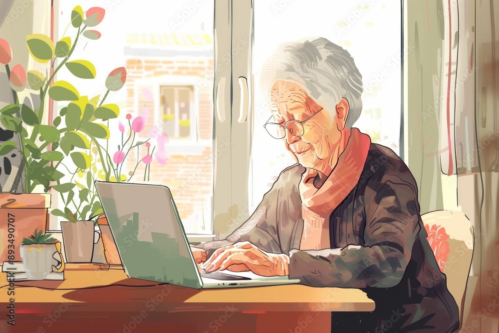 Elderly woman working on laptop at home sitting at the table. Elderly woman working on laptop at home sitting at the table.