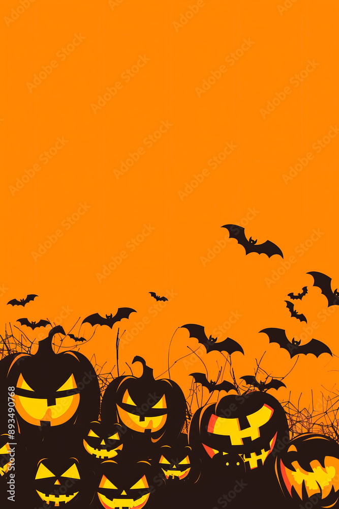 Scary pumpkins, cobwebs and bats on a scary night. Halloween banner background. Copy space. Scary pumpkins, cobwebs and bats on a scary night. Halloween banner background. Copy space.