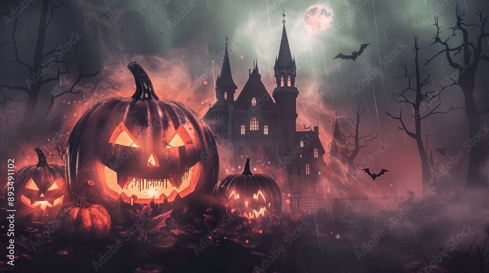 Spooky Halloween Banner with jack o lantern and old house Spooky Halloween Banner with jack o lantern and old house