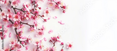 Pink cherry blossom flowers on plain white backdrop where a space for text or graphics can be inserted copy space image