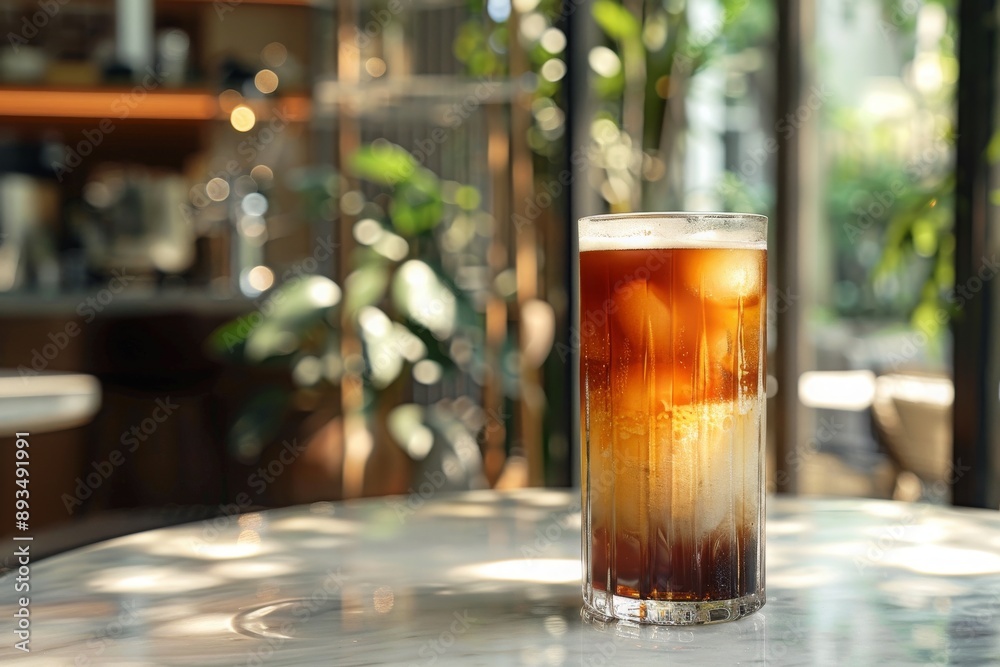 Tall glass of cold brew coffee with a smooth gradient, set on a marble table in a cafe setting, Concept of urban lifestyle and modern refreshment Tall glass of cold brew coffee with a smooth gradient, set on a marble table in a cafe setting, Concept of urban lifestyle and modern refreshment