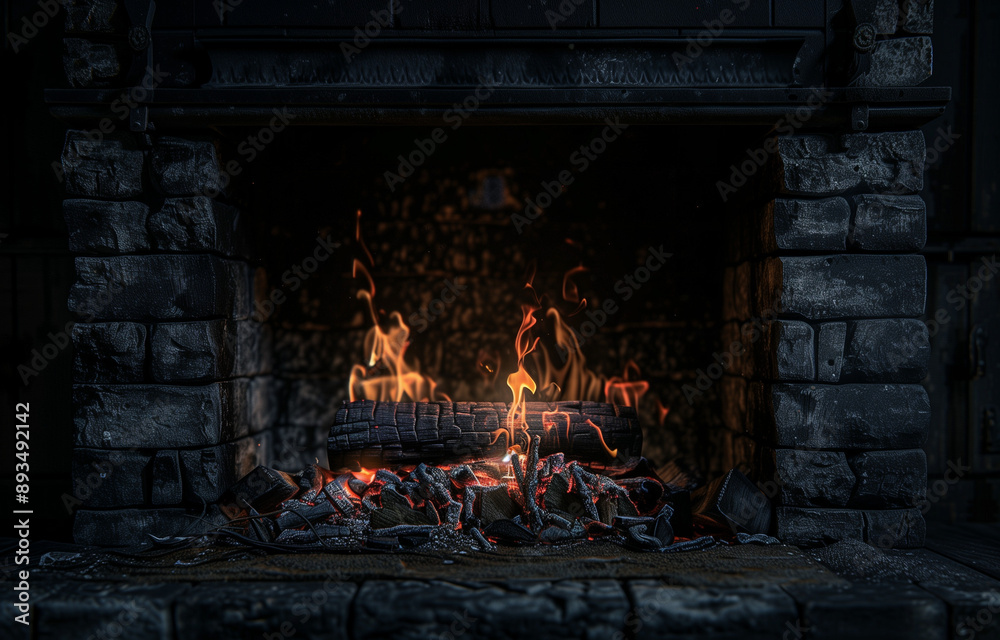 Fire burning in the fireplace against an isolated black background Fire burning in the fireplace against an isolated black background