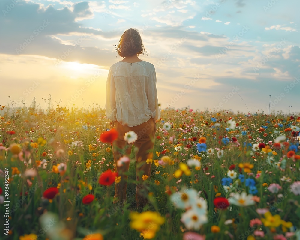Fototapeta premium Woman Embracing the Beauty and Energy of New Beginnings in Vibrant Wildflower Field