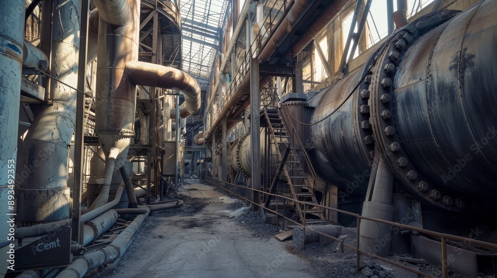 On the territory of an industrial area, in front of abandoned construction and water towers, you can see storage containers filled with gas that are aged and located on this site On the territory of an industrial area, in front of abandoned construction and water towers, you can see storage containers filled with gas that are aged and located on this site