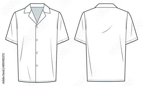 Cuban Collar Shirt technical fashion Illustration. Short sleeve Shirt fashion flat technical drawing template, button down, relaxed fit, front and back view, white, women, men, unisex CAD mockup.