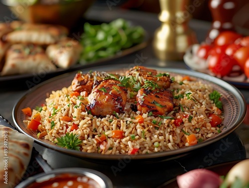 Grilled Chicken with Rice and Vegetables in a Plate - Food Photography