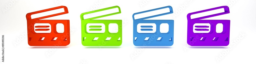 Colorful Movie clapper icon isolated on white background. Film clapper board. Clapperboard sign. Cinema production or media industry. Minimalism concept. 3D render illustration Colorful Movie clapper icon isolated on white background. Film clapper board. Clapperboard sign. Cinema production or media industry. Minimalism concept. 3D render illustration