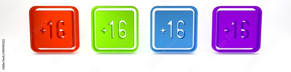 Colorful Plus 16 movie icon isolated on white background. Adult content. Sixteen plus icon. Censored business concept. Minimalism concept. 3D render illustration Colorful Plus 16 movie icon isolated on white background. Adult content. Sixteen plus icon. Censored business concept. Minimalism concept. 3D render illustration