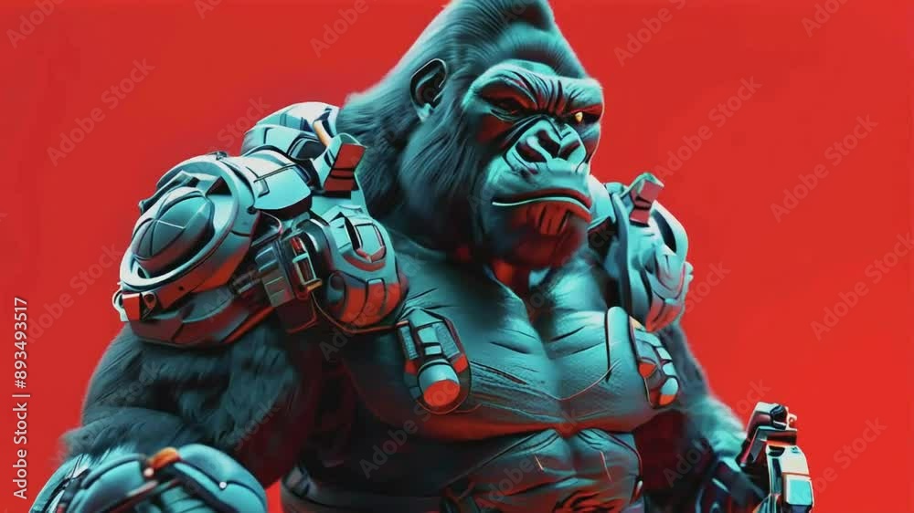 Futuristic gorilla warrior in armor, 4K video. Formidable gorilla, red background. Futuristic gorilla warrior in armor, 4K video. Formidable gorilla, red background.