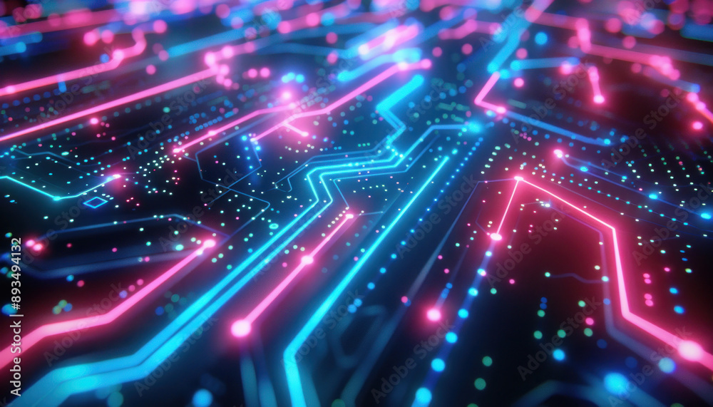 The circuit board has neon lights in various colors, forming a visually striking pattern The circuit board has neon lights in various colors, forming a visually striking pattern