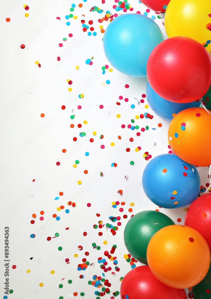 Festive Birthday Background with Balloons and Confetti on White Backdrop for Custom Text or Images Festive Birthday Background with Balloons and Confetti on White Backdrop for Custom Text or Images