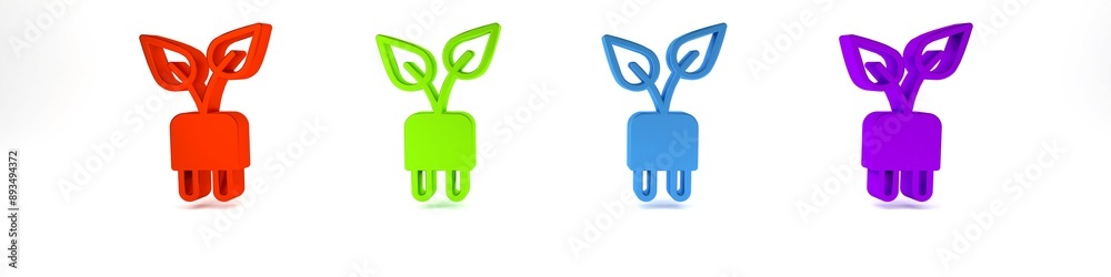 Colorful Electric saving plug in leaf icon isolated on white background. Save energy electricity. Environmental protection. Bio energy. Minimalism concept. 3D render illustration Colorful Electric saving plug in leaf icon isolated on white background. Save energy electricity. Environmental protection. Bio energy. Minimalism concept. 3D render illustration
