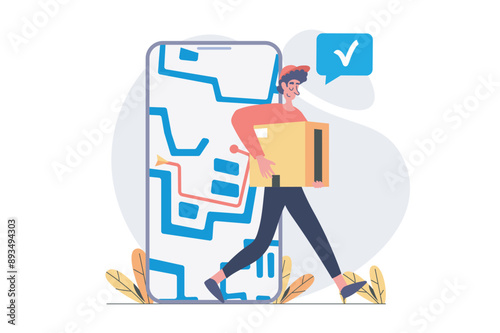 Delivery concept in modern flat design for web. Man courier shipping parcel box and distributing orders to client at home with online route tracking service in mobile application. Vector illustration.
