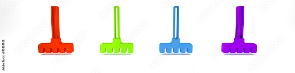 Colorful Garden rake icon isolated on white background. Tool for horticulture, agriculture, farming. Ground cultivator. Housekeeping equipment. Minimalism concept. 3D render illustration