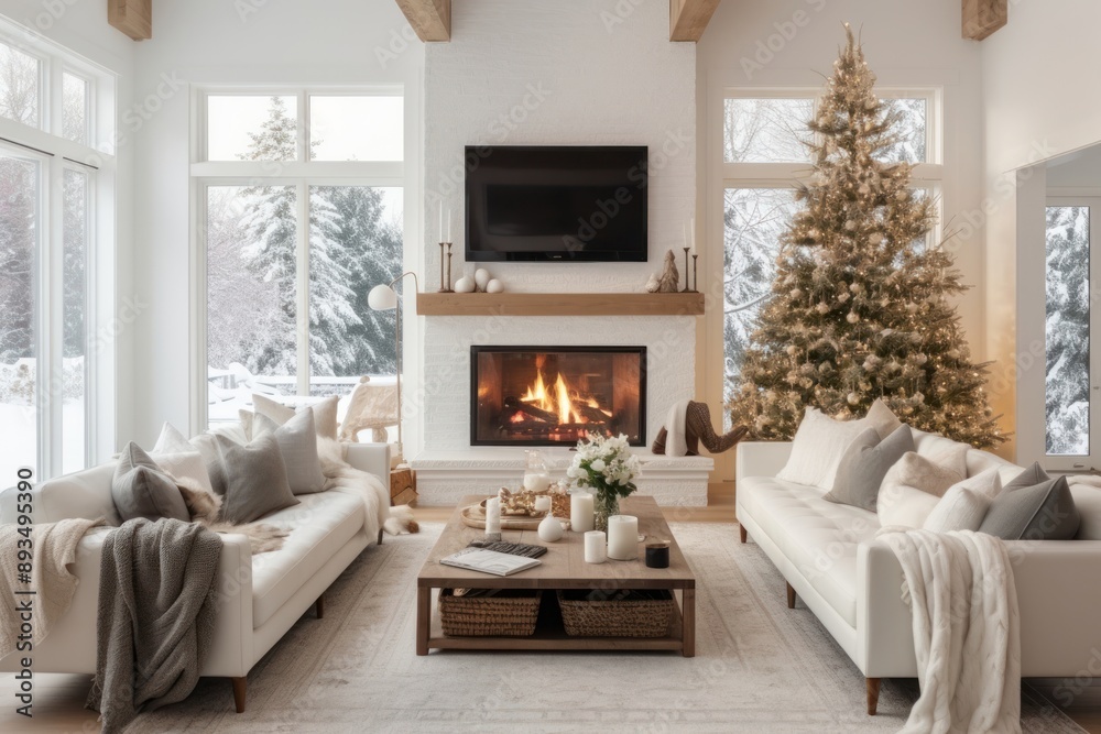 Fototapeta premium Christmas stockings fireplace room architecture.