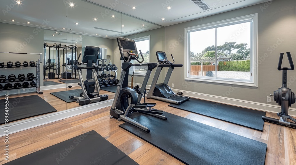 A transitional home gym with state-of-the-art equipment A transitional home gym with state-of-the-art equipment