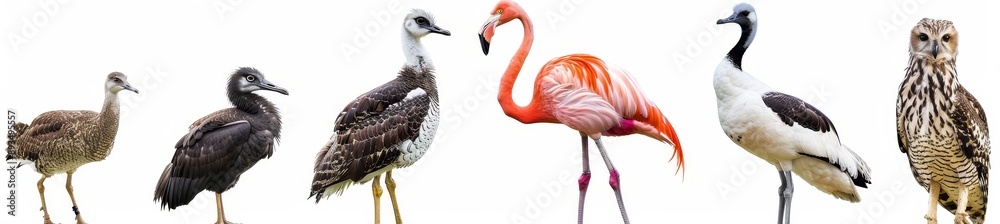 Fototapeta premium flamingo, stork, emu, ostrich, owl, eagle, hawk and owl isolated on transparent background, PNG style