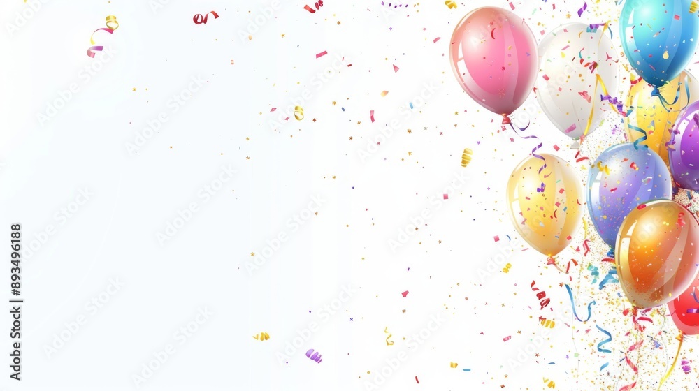 Festive Birthday Background with Balloons and Confetti on White Backdrop for Custom Text or Images