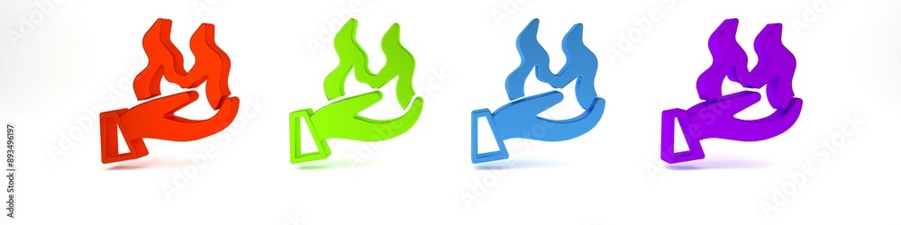 Colorful Hand holding a fire icon isolated on white background. Minimalism concept. 3D render illustration Colorful Hand holding a fire icon isolated on white background. Minimalism concept. 3D render illustration
