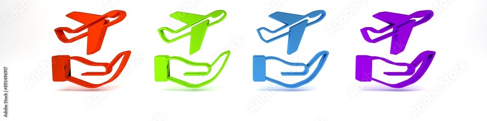 Colorful Plane in hand icon isolated on white background. Flying airplane. Airliner insurance. Security, safety, protection, protect concept. Minimalism concept. 3D render illustration